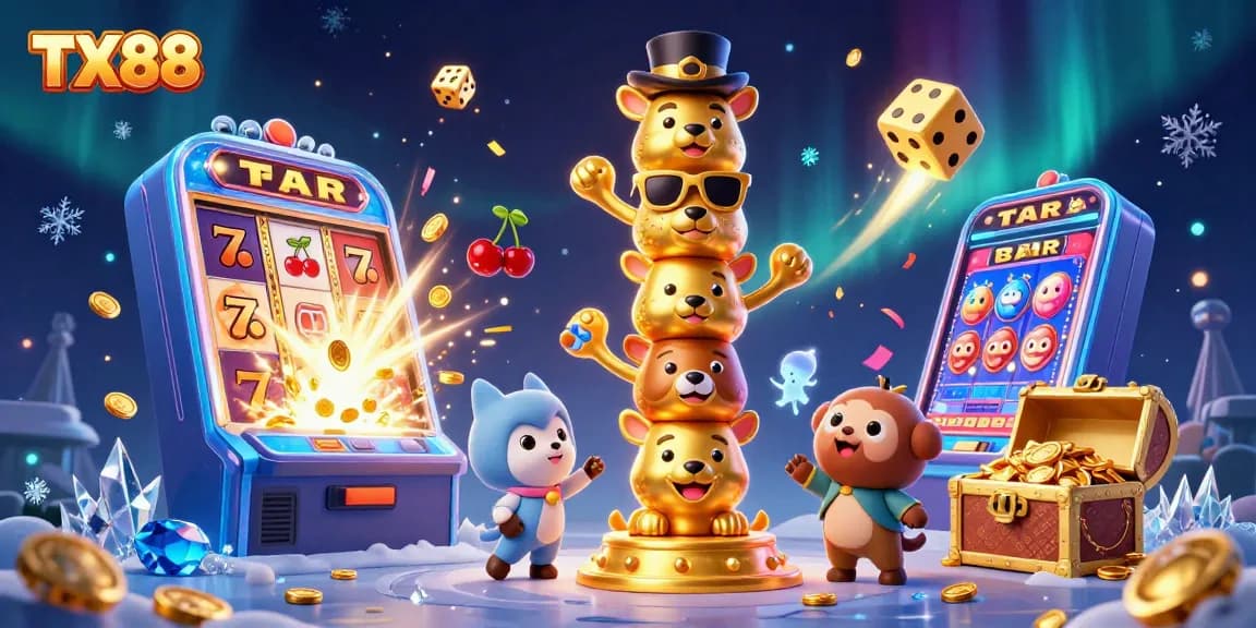 Experience immersive gaming with TX88's vibrant slot machine and animated totem scene