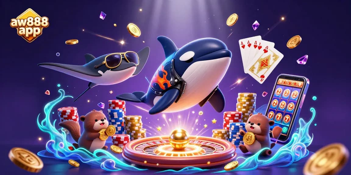 Experience the excitement of the aw888 app with dynamic gaming elements and casino-themed 3D characters.