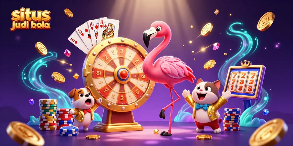 Situs judi bola: Ilustrasi kasino 3D dengan flamingo host, bulldog kontestan, dan kucing scoreboard.