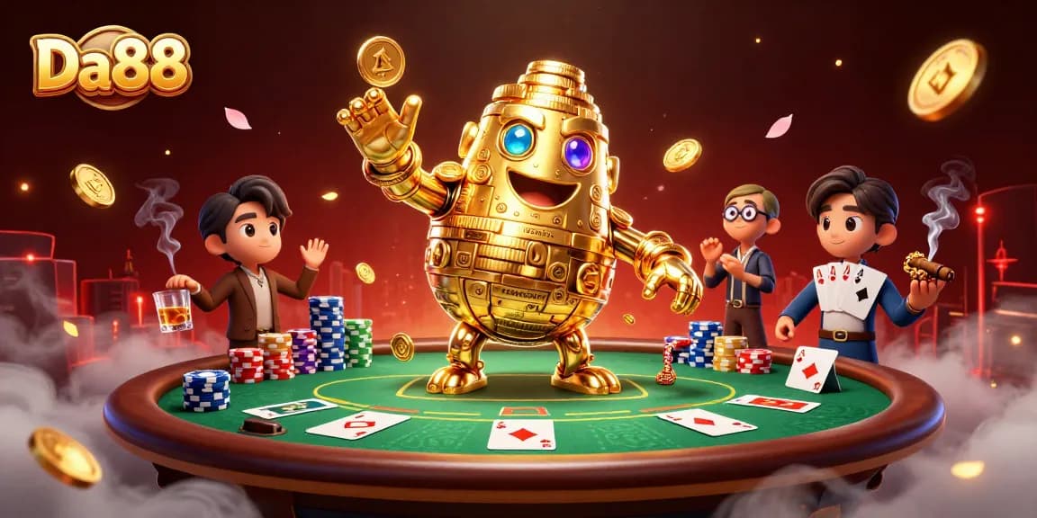 Experience thrilling gameplay at Da88 with an ancient golden golem amid vibrant casino ambiance.