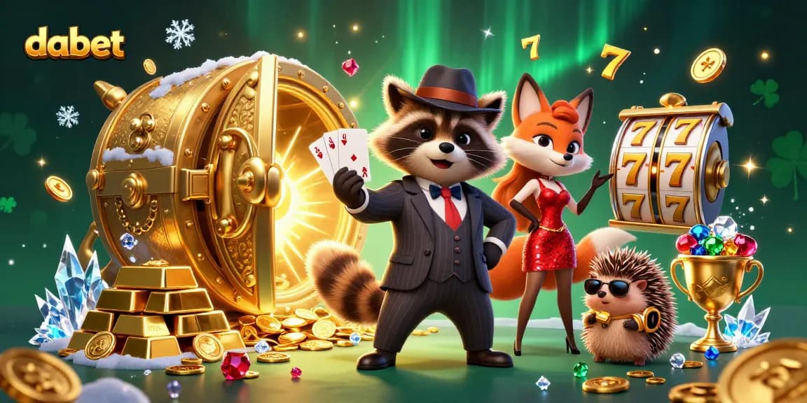 Dabet's charming raccoon, fox, and hedgehog characters celebrate winning in a vibrant casino scene with riches and slot games.