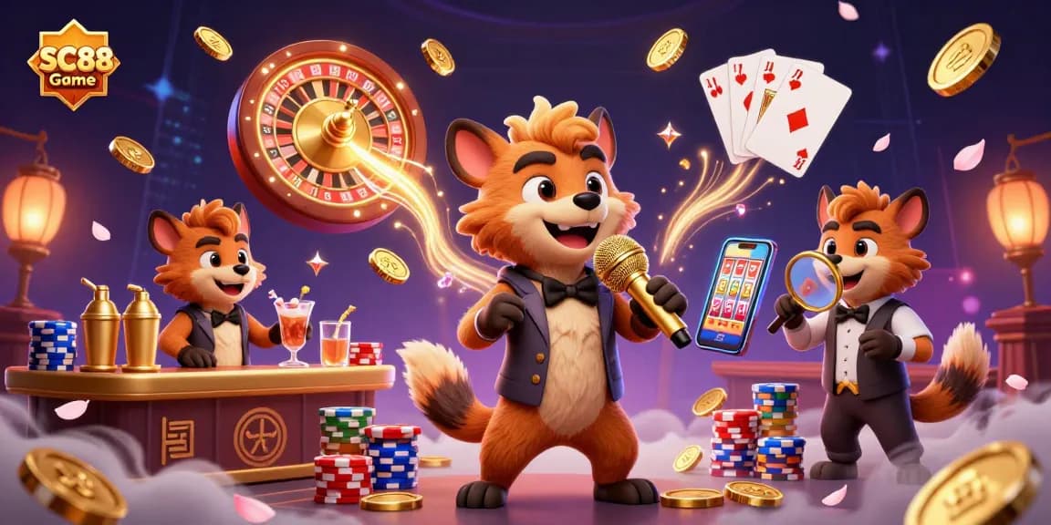 Engage in fun at SC88 Game's vibrant casino with hyenas serving drinks and comedy