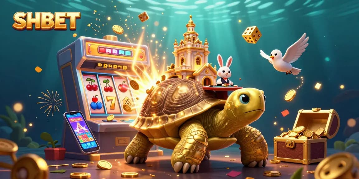 Experience vibrant gaming action at SHBET with a golden tortoise casino scene featuring dynamic elements.
