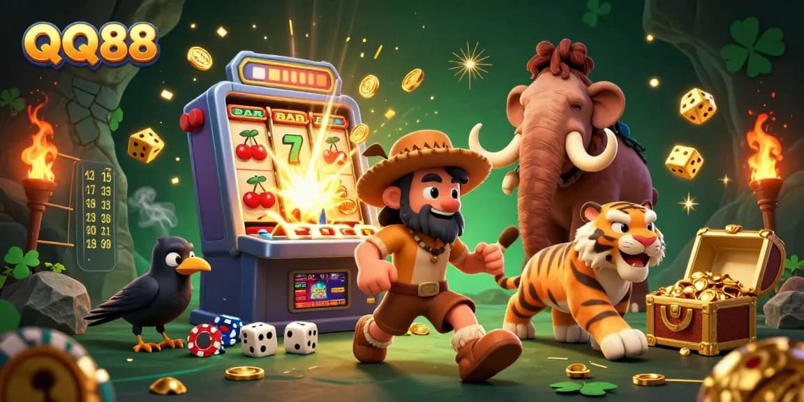 Experience the thrill of QQ88 with a vibrant prehistoric casino scene brimming with excitement!