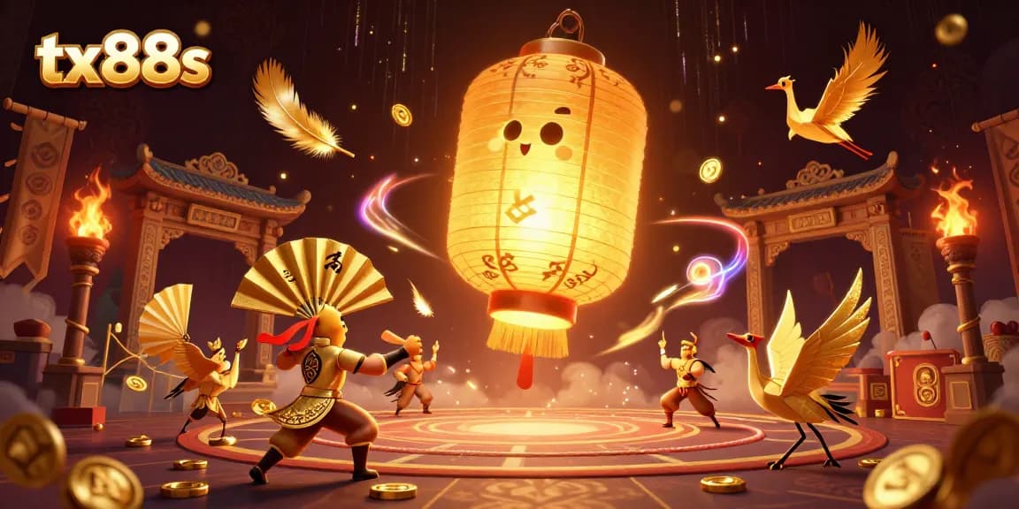 Engage with tx88s at a vibrant casino night market featuring golden lantern spirits and warriors.