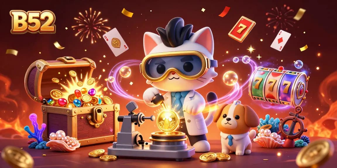 B52 casino game scene featuring mad scientist cat and dog creating gold coins amidst slot reels and vibrant treasures.