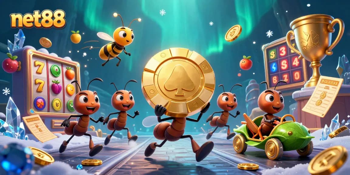 Watch the ants execute a net88 heist, showcasing exciting casino game dynamics with vibrant casino elements.