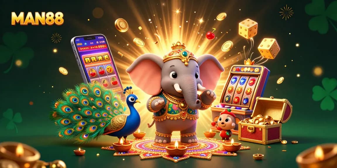 Experience thrilling gaming with MAN88 in this vibrant 3D illustration showcasing a jackpot slot machine and festive characters.