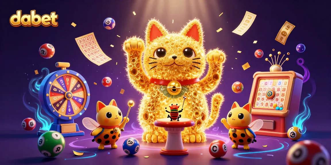 dabet's vibrant illustration showcases a giant lucky cat formed by golden fireflies, set in a dynamic casino scene.