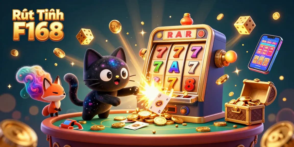 Engage in Rút Tiền F168 with a striking cosmic casino scene featuring a black hole cat and vibrant game elements.