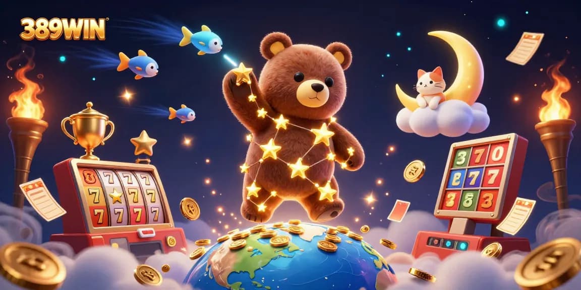 Experience thrilling wins with 389WIN, featuring animated slots, golden coins, and majestic characters.