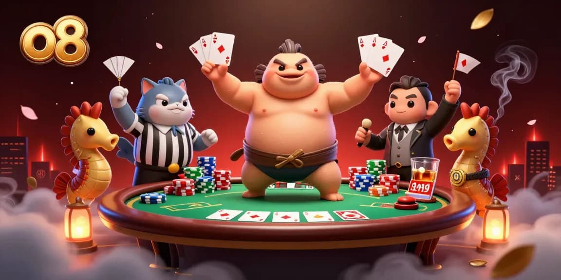 Engage with high-stakes poker action at o8, featuring a lively underwater casino scene.