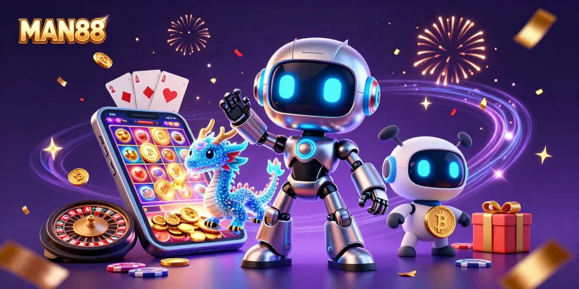 Experience thrilling wins with MAN88 in a vibrant casino-themed 3D scene featuring dynamic characters.