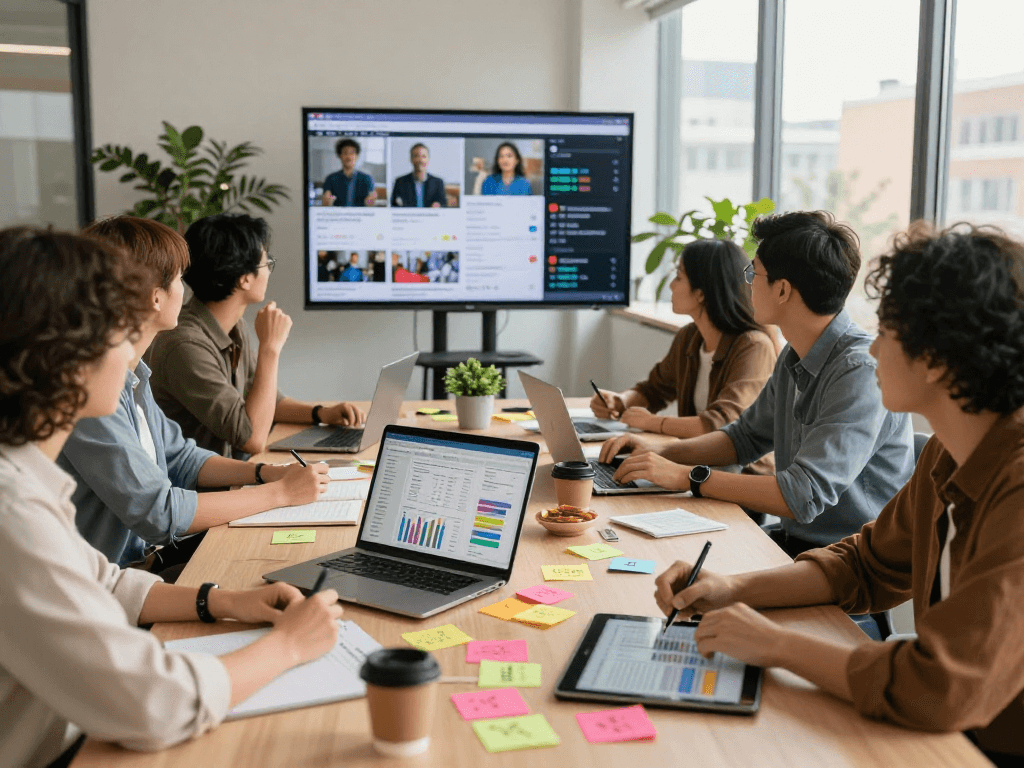 Equipe de marketing colaborando em estratégia multicanais em escritório moderno com luz natural.