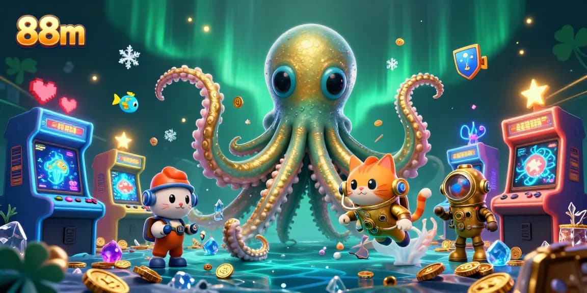 Engage with thrilling 88m gameplay featuring a colossal kraken and vibrant game elements.