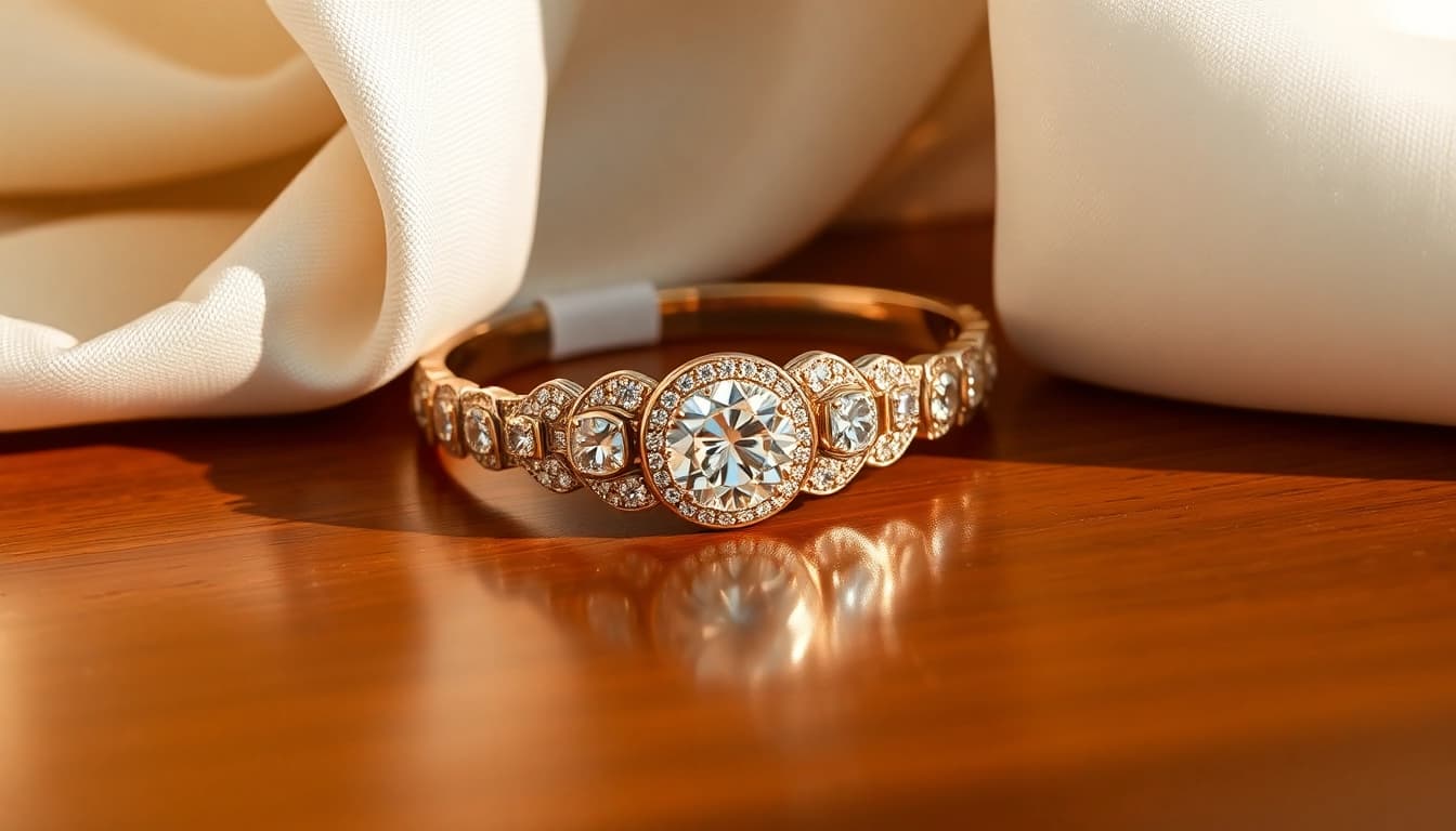 Admiring a beautiful Diamond by the yard bracelet showcasing sparkling diamonds and elegant design.