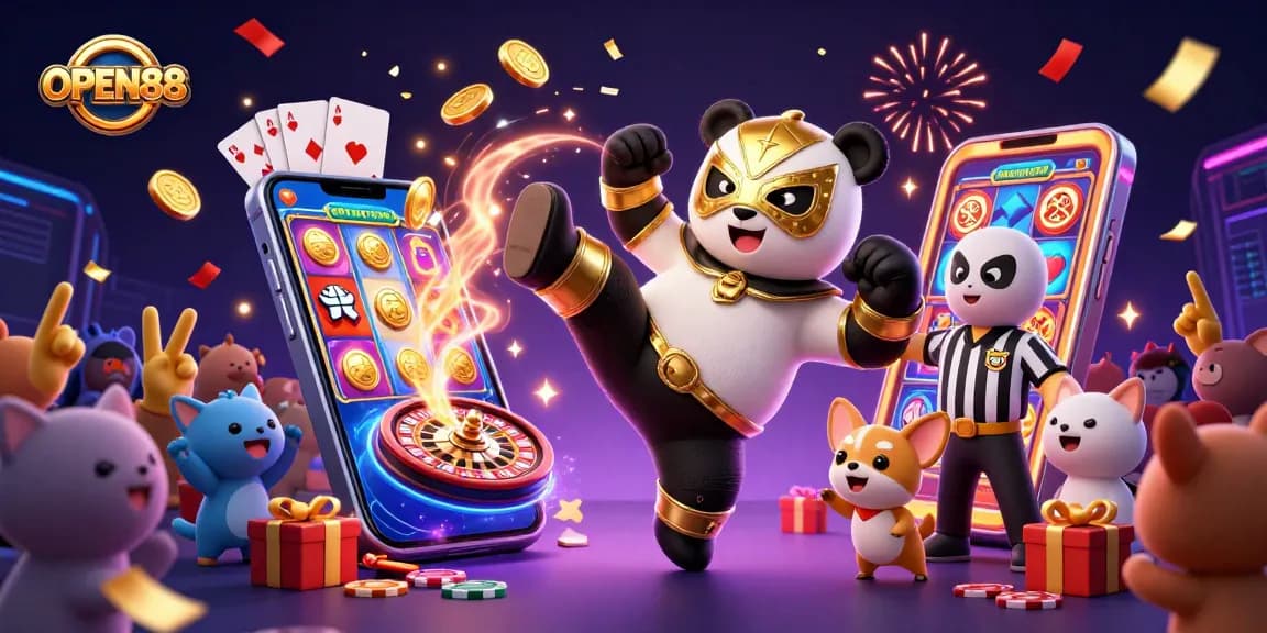 OPEN88 kicks off a vibrant casino experience, showcasing a panda wrestler in action among cheering animal fans.