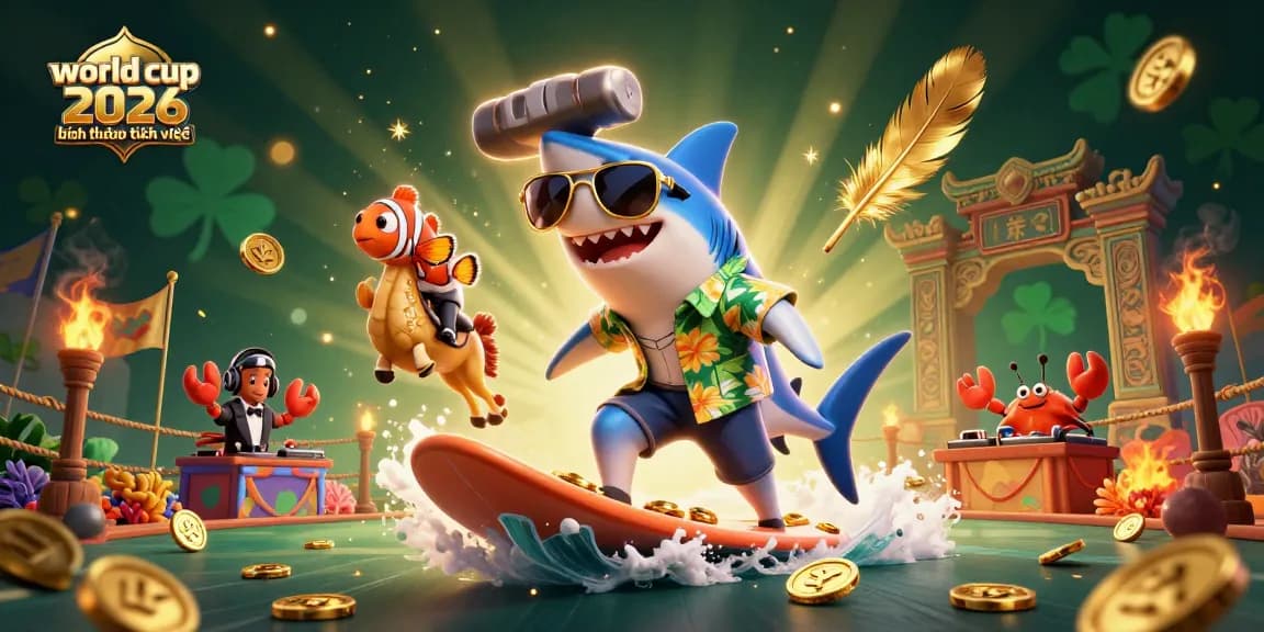 Experience world cup 2026 bình luận tiếng việt atmosphere with dynamic gold coin surfing action and playful sea creatures.