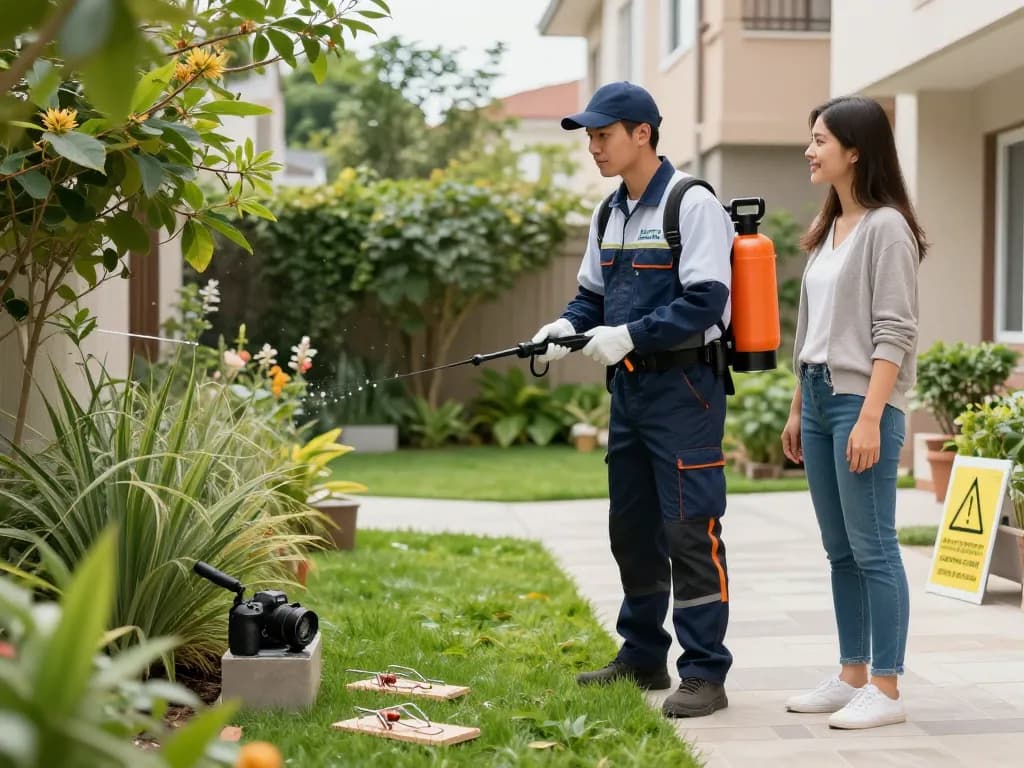 Dedicated Dedetizadora technician applying eco-friendly pest control solutions in urban backyard, ensuring effective pest management.