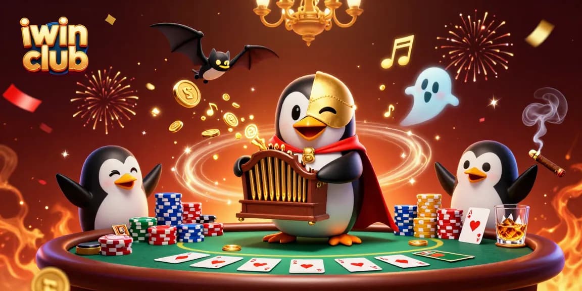 Engage with iwin club's vibrant casino scene featuring a penguin and bat acrobat amid poker chaos.