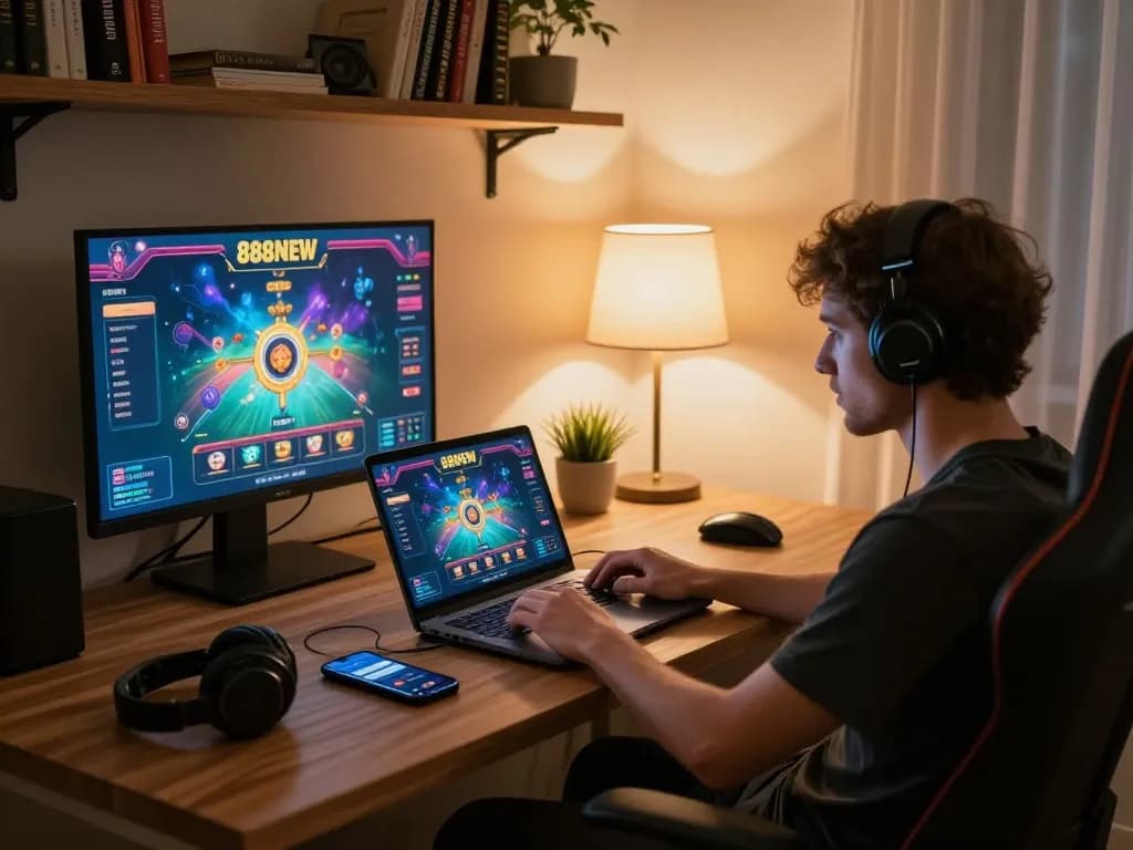 Playing 888NEW online casino games on a cozy home setup, highlighting responsible gaming.
