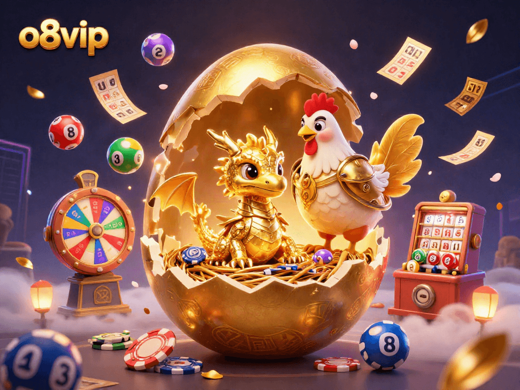Engage with o8vip's vibrant gambling world featuring golden dragon, poker chips, and festive lottery elements