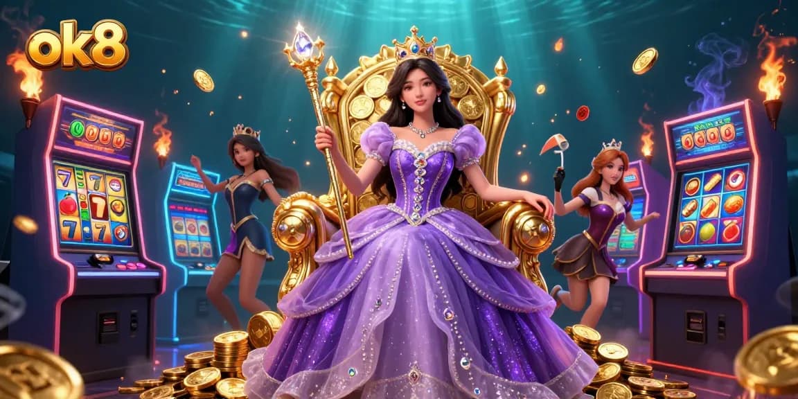 Engage in thrilling entertainment at ok8 with vibrant slot machines, a beautiful princess, and dynamic gaming elements.