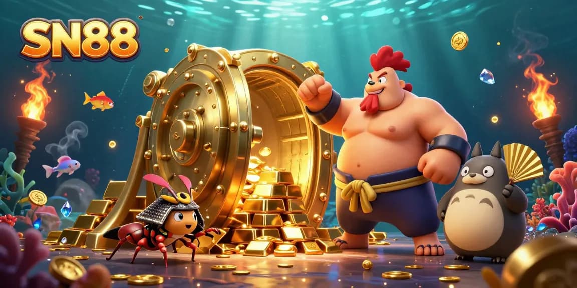 Immerse in the SN88 gaming world with vibrant characters and glimmering treasures, showcasing dynamic action and excitement.