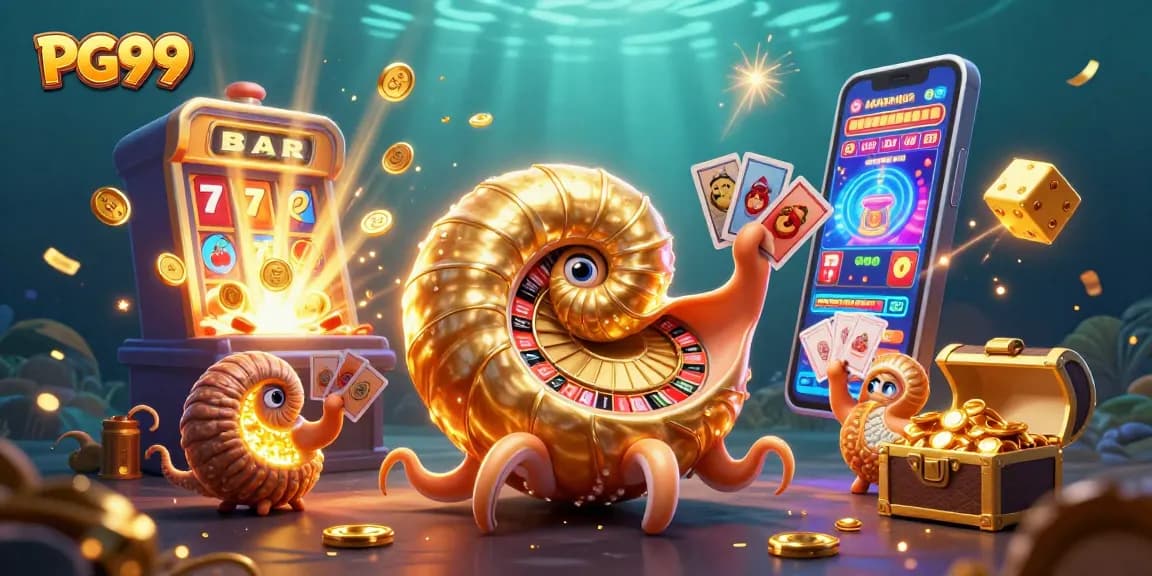 Win big at PG99 with an energetic scene featuring a giant nautilus and slot machines.