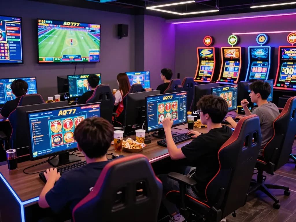 Exciting gaming scene at AQ777 platform showing players enjoying various online casino games and sports betting.