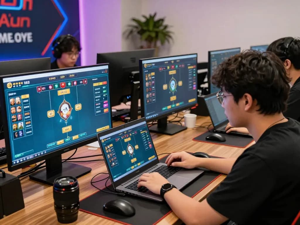 Tài Xỉu player analyzing strategies on multiple screens in a modern gaming setup