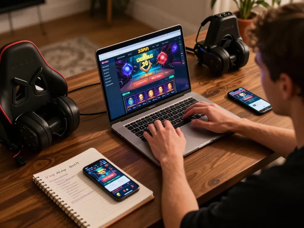 Engaging with 33nn online casino gaming on a sleek laptop while managing strategy notes