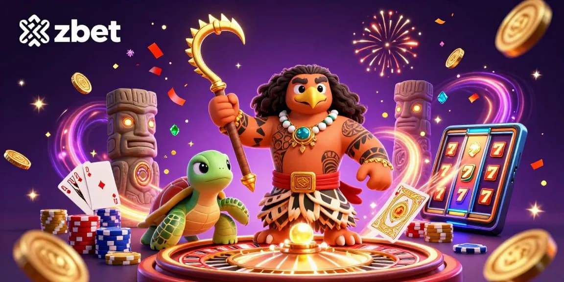 Experience the excitement of zbet with a vibrant 3D illustration of a casino scene featuring a demigod hawk, turtle sidekick, and casino elements.
