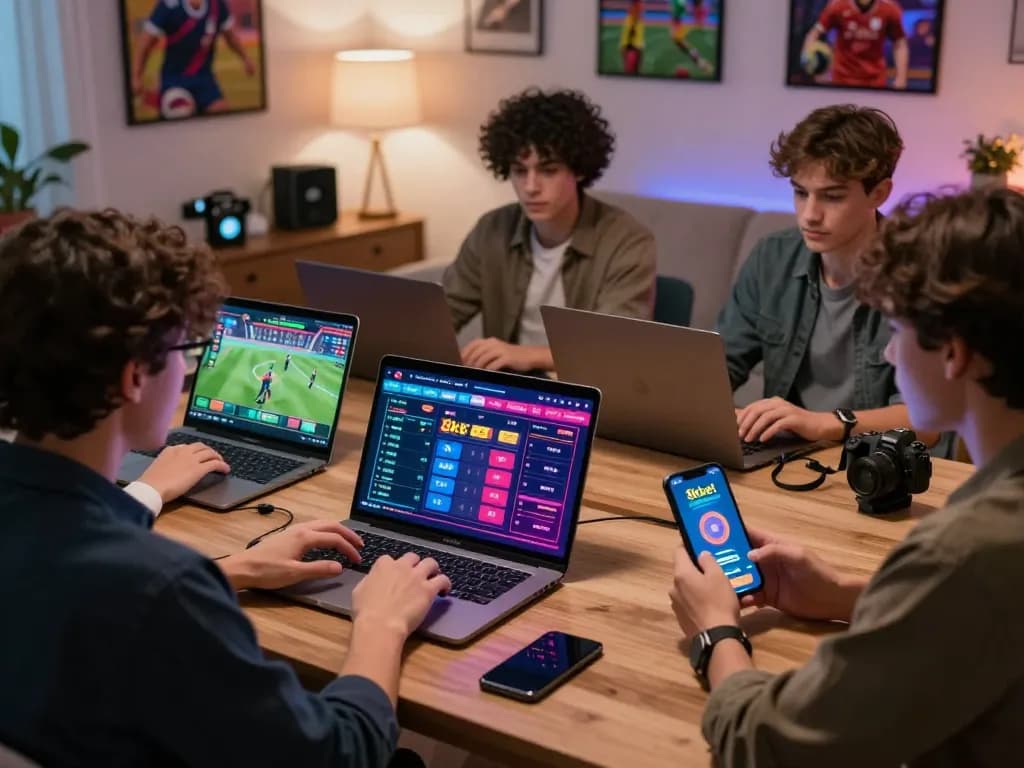 Users engaging with 8kbet online betting platform in a lively home setting.