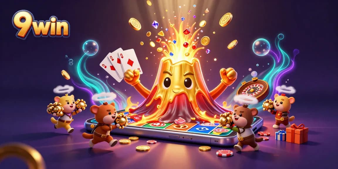 Spin the reels with 9 win and win treasures from the golden volcano in a colorful casino scene.