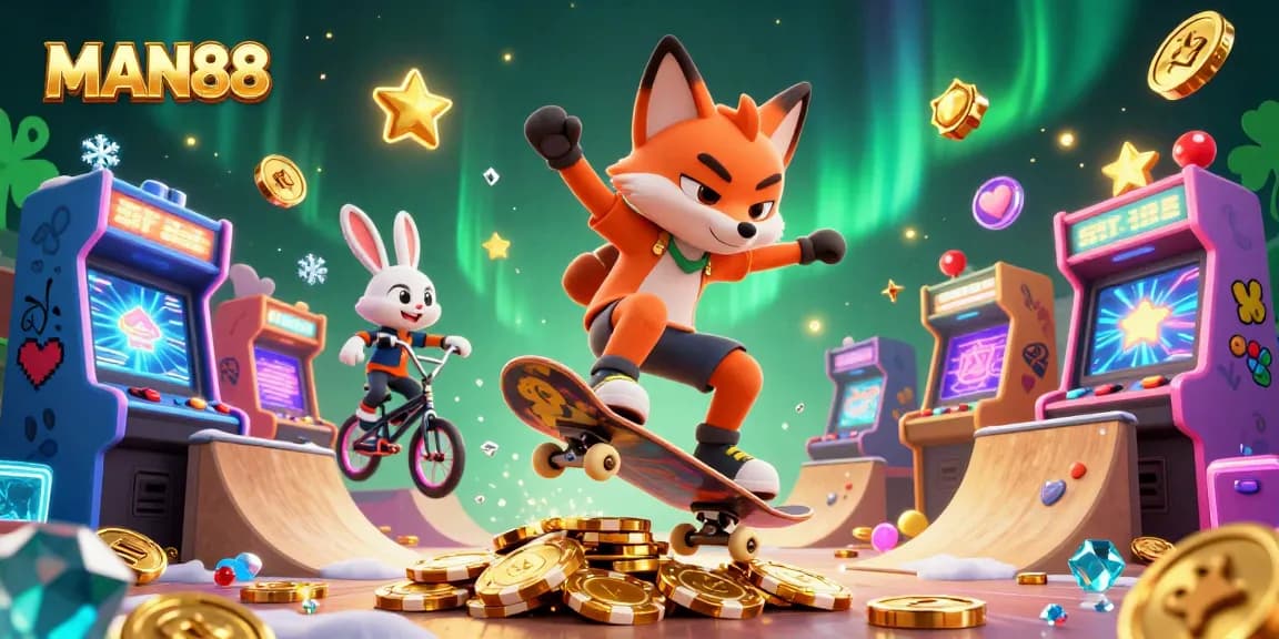Skateboarding fox and BMX rabbit celebrate at MAN88 casino, showcasing thrilling gaming action.