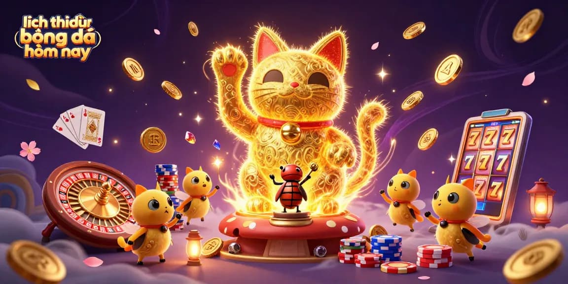 Experience the world of gambling with lịch thi đấu bóng đá hôm nay, showcasing a giant lucky cat and engaging casino elements.
