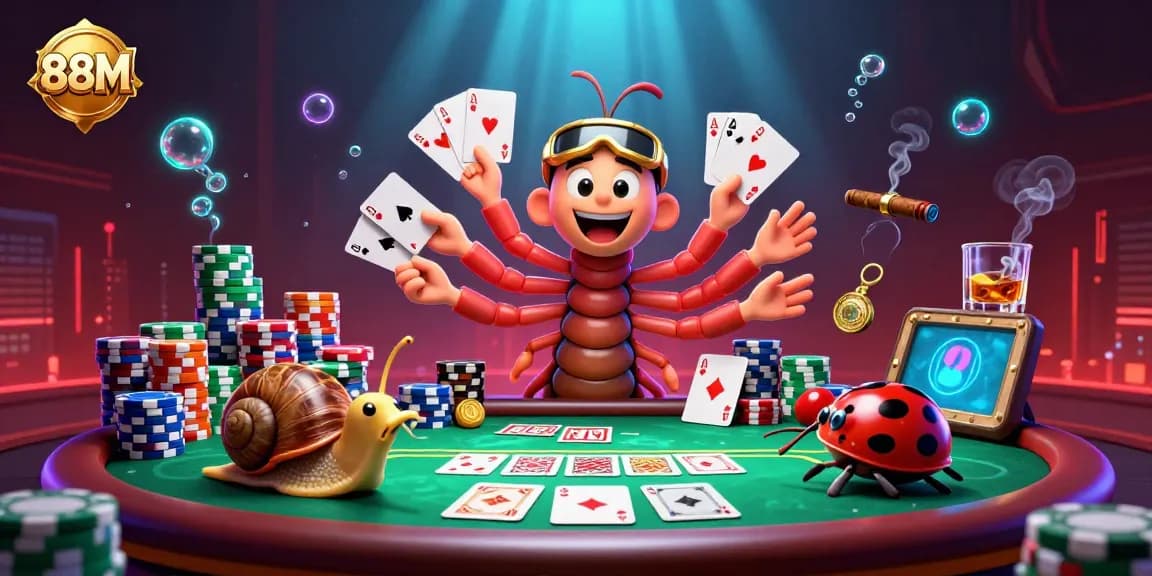Engage with 88M as the whimsical millipede dealer showcases a vibrant poker scene filled with excitement.