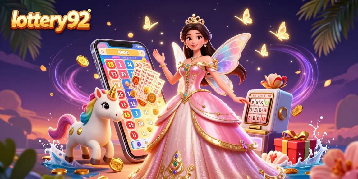 Win big with lottery92 in a vibrant, magical illustration highlighting colorful lottery elements.