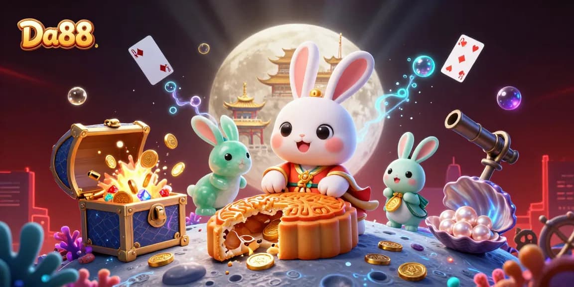 Experience Da88's thrilling gameplay with lively illustrations of a moon rabbit and casino elements.