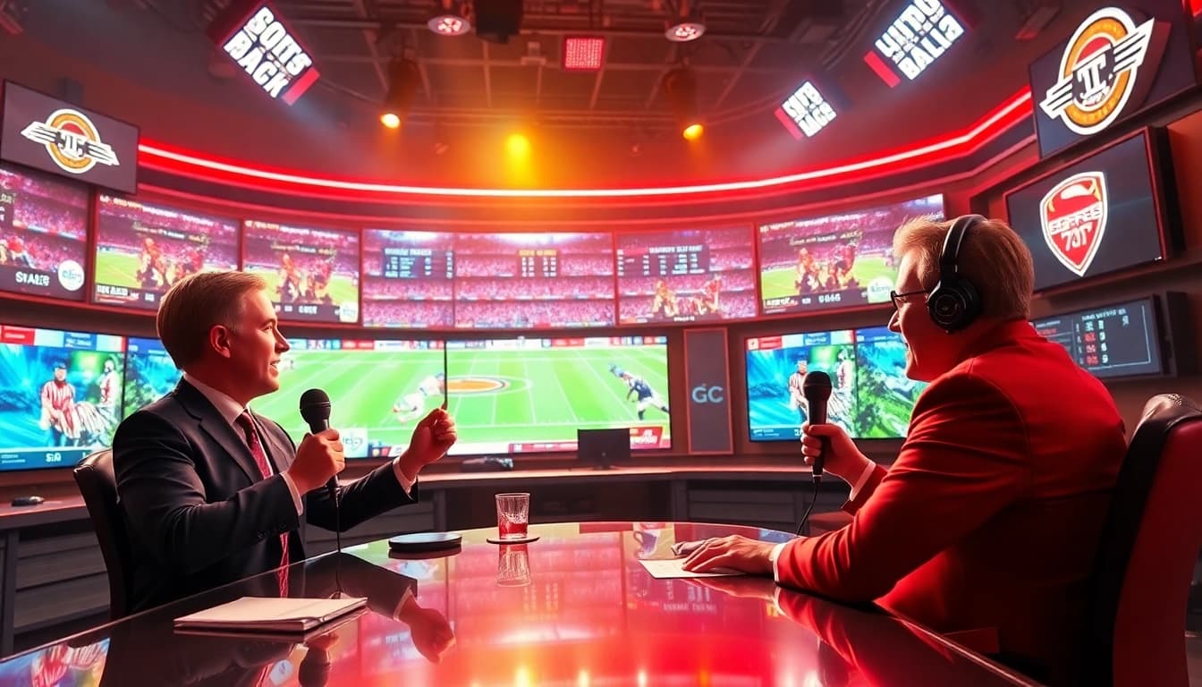 Engaging scene of Sports Broadcasting with hosts discussing a live sports event in a vibrant studio.