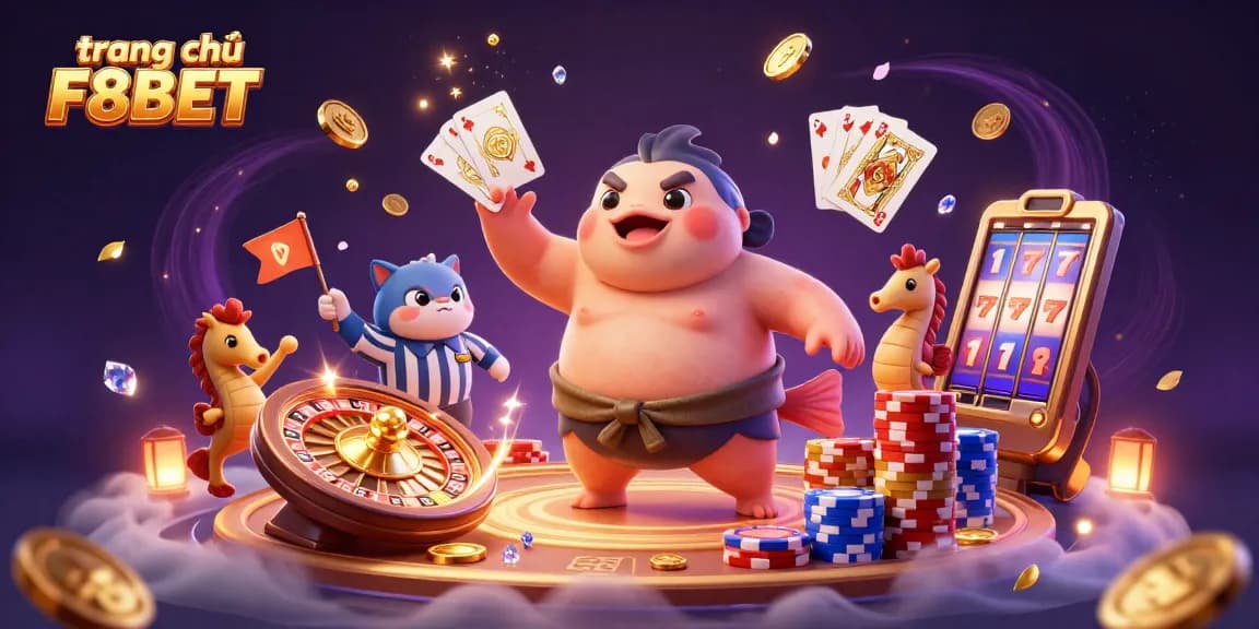 Engage in playful gambling action at trang chủ F8BET featuring animated fugu and dynamic casino elements
