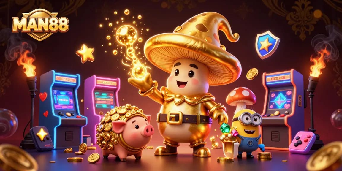 Experience the exquisite charm of MAN88 with a golden wizard, treasures and vibrant casino themes.