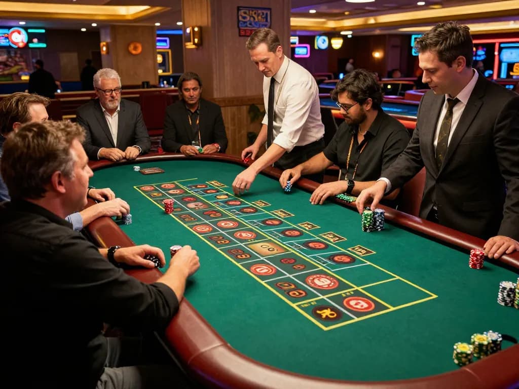 Players engaging at a roulette table in a vibrant casino, showcasing the excitement of 45678 gambling.