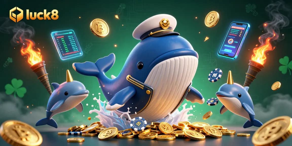 Engage with luck8 by diving into a scene with a whimsical whale and crypto elements.