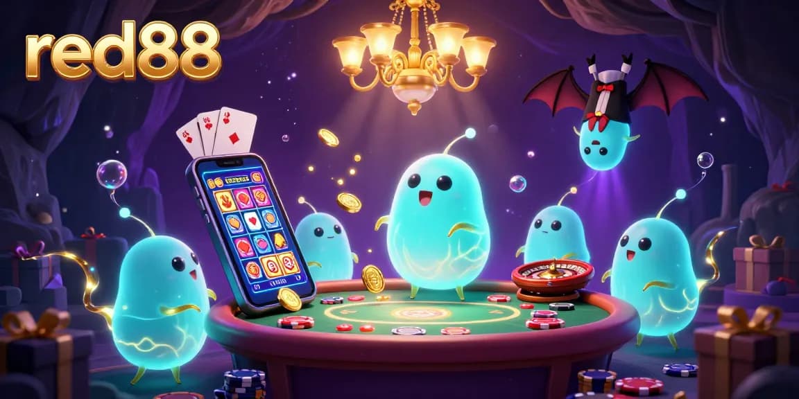 Experience thrilling gameplay at red88 with a vibrant casino scene featuring glowworms and lively gaming elements.