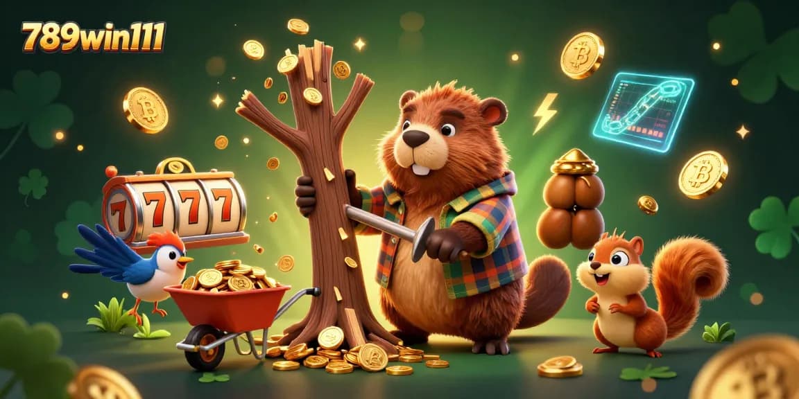 Win big with 789win111 in this vibrant casino scene featuring a beaver and friends collecting golden coins.