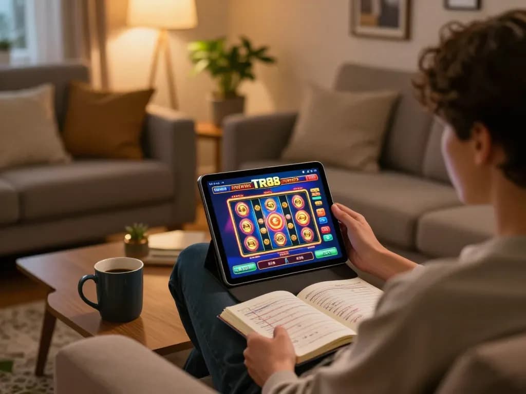 Engaging user plays the TR88 casino app showcasing vibrant slot graphics at home, promoting responsible gaming.