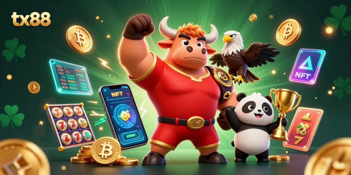 Experience the excitement at tx88 with our vibrant casino scene featuring engaging characters and crypto elements.