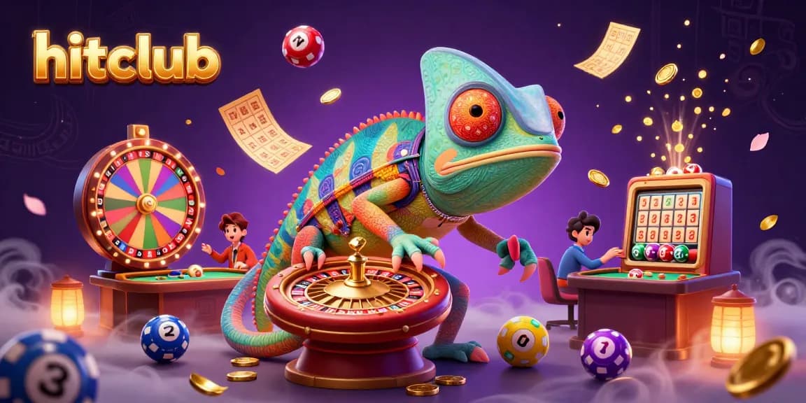 Hitclub chameleon casino owner catches golden coins amid vibrant gambling elements in a dynamic scene.